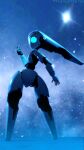  3d_(artwork) ambiguous_gender black_body blue_eyes detailed_background digital_media_(artwork) disney drossel_von_flugel_(fireball) fireball_(disney) gesture hi_res machine mouthless robot thekidxeno v_sign white_body 