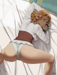  1boy 1girl alternate_hairstyle ass bed black_clover blush breasts curly_hair from_behind green_eyes green_panties grey_hair half-closed_eyes highres large_breasts light_brown_hair long_sleeves looking_at_viewer mimosa_vermilion object_hug panties pillow pinstripe_pattern pinstripe_shirt shirt short_hair smile spread_legs striped stuffed_toy sun_fanart top-down_bottom-up underwear white_shirt 