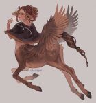  1girl animal_ears black_capelet braid brown_hair brown_headwear brown_wings bug butterfly capelet centaur closed_eyes ear_piercing feathered_wings full_body highres horns lanternlovers medium_hair original piercing simple_background taur twitter_username white_butterfly wings 