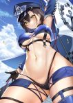  1girl alcoholrang azur_lane baltimore_(azur_lane) bangs bare_shoulders blush breasts brown_hair cameltoe cleavage closed_mouth gloves highres large_breasts long_sleeves looking_at_viewer navel short_hair solo thighhighs thighs yellow_eyes 