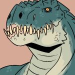  ambiguous_gender anthro bust_portrait dinosaur front_view green_body green_scales imperatorcaesar low_res mouth_closed portrait reptile scales scalie sharp_teeth simple_background solo tan_background teeth wide_eyed 