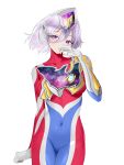  1girl absurdres blue_bodysuit bodysuit breasts chinese_commentary clenched_hand covered_navel floating_hair genderswap genderswap_(mtf) gloves highres humanization looking_to_the_side medium_breasts multicolored_bodysuit multicolored_clothes purple_eyes purple_hair red_bodysuit short_hair skin_tight ultra_series ultraman_decker ultraman_decker_(series) white_background white_gloves yi_(user_jwth4284) 