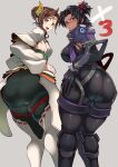  alexandria_(xenoblade) ashera_(xenoblade) ass ass_focus bangs blush braid breasts brown_hair circlet dark-skinned_female dark_skin eyeliner forehead_protector french_braid green_eyes hand_on_own_ass headpiece highres huge_ass large_breasts long_sleeves looking_at_viewer looking_back makeup nuezou ornament parted_bangs simple_background small_breasts smile thick_thighs thighhighs thighs xenoblade_chronicles_(series) xenoblade_chronicles_3 