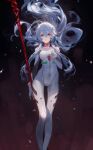  1girl absurdres ayanami_rei bodysuit ciloranko dark_background falling_petals floating_hair highres lance_of_longinus light_blue_hair long_hair looking_at_viewer neon_genesis_evangelion petals red_eyes solo very_long_hair white_bodysuit 