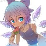  1girl blue_bow bow cirno eating food fruit holding holding_food ice ice_wings popsicle shiroi_karasu short_hair solo swimsuit tanned_cirno touhou watermelon watermelon_bar wings 