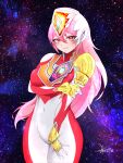  1girl absurdres arm_under_breasts bodysuit chinese_commentary covered_navel fang fang_out floating_hair genderswap genderswap_(mtf) hand_on_own_thigh helmet highres holding_own_arm humanization long_hair looking_at_viewer pink_hair smile solo space tokusatsu ultra_series ultraman_decker ultraman_decker_(series) yi_(user_jwth4284) 