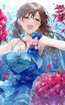  1girl air_bubble armpits blue_choker blue_dress blush breasts brown_hair bubble choker cleavage collarbone dress falling_petals gen_(enji) highres idolmaster idolmaster_cinderella_girls looking_at_viewer nitta_minami outstretched_arms petals sleeveless sleeveless_dress smile solo underwater 