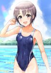  1girl bangs blue_sky blue_swimsuit blush breasts cloud collarbone commentary_request competition_swimsuit covered_navel cowboy_shot day dot_nose fence grey_eyes grey_hair groin hand_up highleg highleg_swimsuit highres idolmaster idolmaster_cinderella_girls looking_at_viewer one-piece_swimsuit ookami_maito open_mouth otokura_yuuki outdoors pool short_hair skindentation sky small_breasts smile solo swimsuit thighs water wet 