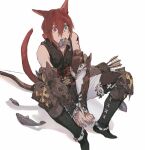  1boy animal_ears aqua_eyes arm_guards arrow_(projectile) bangs black_footwear black_pants boots bow_(weapon) cat_boy cat_ears cat_tail code009 cross-laced_footwear facial_mark feet_out_of_frame final_fantasy final_fantasy_xiv fish from_above g&#039;raha_tia hair_between_eyes heterochromia highres knee_boots knee_guards knees_up looking_at_viewer male_focus miqo&#039;te mouth_hold pants quiver red_eyes red_hair short_hair simple_background sitting sleeveless solo tail v_arms vest weapon white_background white_pants 