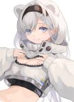  1girl animal_ears arknights aurora_(arknights) bangs bear_ears black_hairband black_shirt blue_eyes commentary_request crop_top cropped_jacket hairband jacket long_hair long_sleeves looking_at_viewer midriff no_navel shirt simple_background smile solo stomach touchika upper_body white_background white_hair white_jacket 