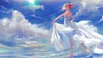  1girl absurdres blonde_hair blue_sky brown_hair cloud cyberlive dress english_text fang highres iekushi_chapipi lens_flare multicolored_hair ocean pink_hair red_eyes short_hair shoulder_blades sky soles solo standing standing_on_one_leg thank_you ubwmitekure virtual_youtuber white_dress 