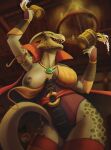 2022 alcohol anthro argonian armor bare_chest beer bethesda_softworks beverage breasts cape clothed clothing digital_media_(artwork) eyes_closed female green_body green_scales hi_res horn jewelry lizard nipples non-mammal_breasts one_breast_out reptile ronff scales scalie smile solo tavern the_elder_scrolls thick_tail thick_thighs video_games wide_hips 