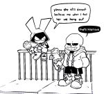  &gt;:o 2022 animated_skeleton anthro bald big_ears big_eyes black_and_white black_eyes bone bottomwear clothed clothing crossover dessert dialogue dodge_(sludgetoons) duo earless english_text food footwear half-closed_eyes hand_on_leg happy hi_res holding_food holding_ice_cream holding_ice_cream_cone holding_object hoodie ice_cream ice_cream_cone jacket lagomorph leporid long_ears looking_aside looking_away male mammal monochrome narrowed_eyes noseless open_mouth outside pants rabbit rails sans_(undertale) shoes short short_anthro short_male shorts sidewalk simple_background sitting size_difference skeleton skull sludgetoons smile speech_bubble sprinkles standing sweater teeth text toony topwear tube undead undertale undertale_(series) video_games white_background white_body white_eyes white_face zipper 