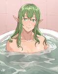  1girl alternate_hairstyle bangs bath bathing bathtub blush closed_mouth collarbone commentary completely_nude english_commentary fire_emblem fire_emblem_awakening green_eyes green_hair hair_between_eyes in_water indoors lips long_hair looking_at_viewer nude partially_submerged pink_lips pointy_ears sakuremi signature smile solo tiki_(fire_emblem) water wet wet_hair 