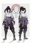  1girl absurdres apex_legends bandaged_arm bandages bangs barefoot_sandals black_hair black_pants cosplay english_commentary eyebrows_hidden_by_hair grey_background grey_jacket highres ifragmentix jacket looking_ahead looking_at_viewer multiple_views naruto_(series) naruto_shippuuden pants parted_bangs ponytail red_eyes smile uchiha_sasuke uchiha_sasuke_(cosplay) wraith_(apex_legends) 
