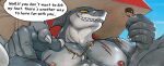  anthro claws clenched_teeth dialogue digital_media_(artwork) duo english_text eye_scar facial_scar fish grey_body grey_scales grin hi_res human imminent_vore jewelry larger_male male male/male mammal marine muscular necklace nipples nude parasol pecs pink_nipples scales scar shark size_difference smile speech_bubble tan_(artist) teeth text yellow_eyes 