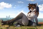  anthro big_breasts bottomwear breasts canid canine canis city cityscape clothing female footwear hi_res high_heels lightly-san looking_at_another macro mammal railway_track shirt shorts sitting solo tank_top topwear wolf 