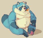  2022 anthro balls belly big_balls big_belly blue_body canid canine genitals hi_res leaf male mammal moobs navel nipples overweight overweight_male raccoon_dog simple_background sitting solo tanuki tigerator 