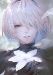  1girl artist_name bangs black_gloves blue_eyes commentary_request flower gloves hair_ornament hair_over_one_eye hairband highres holding lips looking_at_viewer lunar_tear mole mole_under_mouth nier_(series) nier_automata parted_lips short_hair signature simple_background solo turtleneck upper_body white_flower white_hair yct_(yoct_o) yorha_no._2_type_b 