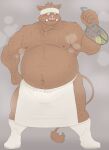 2022 anthro apron belly big_belly blush bodily_fluids clothing food hi_res humanoid_hands kemono male mammal moobs musk navel nipples overweight overweight_male solo suid suina sus_(pig) sweat take_tsugu_roh wild_boar 