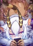  1boy 1girl animal_ears ass_grab belphegor_(the_seven_deadly_sins) cellphone dark-skinned_female dark_skin demon_girl demon_horns doggystyle ear_piercing grabbing_another&#039;s_ass groping hair_between_eyes hetero highres holding holding_phone horns looking_at_viewer merunyaa phone piercing sex sleeves_past_wrists smartphone solo_focus tail the_seven_deadly_sins top-down_bottom-up white_hair yellow_eyes 