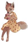  2022 absurd_res anthro canid canine clothed clothing digital_media_(artwork) dress female fox fur hi_res holding_object mammal mrs._fox simple_background sitting solo tohupo white_background 