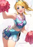  1girl :d absurdres armpits ayase_eli blonde_hair blue_bow blue_eyes blue_skirt bow breasts cheerleader collarbone hair_bow highres holding holding_pom_poms looking_at_viewer love_live! love_live!_school_idol_project medium_breasts multicolored_bow multicolored_clothes multicolored_skirt nakano_maru navel pleated_skirt pom_pom_(cheerleading) skirt smile solo sweat teeth thighs twitter_username upper_teeth white_bow 