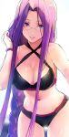  1girl black_swimsuit fate/hollow_ataraxia fate_(series) forehead glasses highres long_hair looking_at_viewer medusa_(fate) medusa_(rider)_(fate) purple_eyes purple_hair simple_background smile solo square_pupils swimsuit taishi_(picchiridou) very_long_hair white_background 