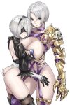  2girls armor ass bangs blindfold blue_eyes boots breasts hairband highleg highleg_leotard highres isabella_valentine leotard medium_breasts mole mole_under_mouth multiple_girls nier_(series) nier_automata nyatokanyaru short_hair simple_background soulcalibur thigh_boots thighhighs thighs white_background white_hair yorha_no._2_type_b 