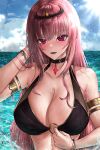  1girl adjusting_clothes adjusting_hair adjusting_swimsuit arm_strap bikini black_bikini black_choker blush bracelet breasts choker chu-e cleavage cloud commentary crown english_commentary highres hololive hololive_english jewelry large_breasts long_hair looking_at_viewer mori_calliope o-ring o-ring_bikini ocean open_mouth pink_hair red_eyes swimsuit virtual_youtuber water wet 