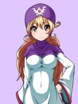  1girl :3 blonde_hair breasts closed_mouth covered_navel curly_hair dragon_quest dragon_quest_ii hood impossible_clothes long_hair looking_at_viewer princess_of_moonbrook purple_eyes robe simple_background smile solo 