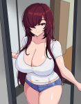  1girl bangs breasts cleavage commentary covered_navel denim denim_shorts doorway eyelashes hair_over_one_eye hella_p highres huge_breasts long_hair looking_at_viewer original red_eyes red_hair shirt short_shorts shorts solo symbol-only_commentary very_long_hair white_shirt 