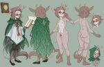  2022 antlers book breasts brown_hair clothed clothed/nude clothing deer_ears eyewear feet female fey glasses hair holding_book holding_object horn humanoid leaf_clothing legwear mister_d model_sheet nerd nude pubes red_eyes small_breasts solo stockings tail_tuft toes tuft 