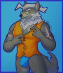  anthro artisttito bulge canid canine canis clothed clothing eyewear glasses hair hi_res male male/male mammal muscular old pantsless scar solo undressing white_hair wolf wolfgang_(smash_legends) 