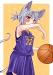  1girl absurdres alternate_costume animal_ear_fluff animal_ears armpits bangs basketball basketball_uniform blush breasts commentary_request cowboy_shot ginger_ale_(syouga_6383) grey_hair highres jersey looking_at_viewer mouse_ears mouse_girl mouse_tail nazrin purple_shirt purple_shorts red_eyes shirt short_hair short_ponytail shorts sleeveless sleeveless_shirt small_breasts solo sportswear tail touhou 