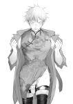  1boy bangs blush china_dress chinese_clothes closed_mouth coat commentary_request crossdressing dress erection eyelashes floral_print gojou_satoru jujutsu_kaisen looking_at_viewer male_focus manboobs monochrome moy64904958 muscular muscular_male nipples open_clothes open_coat penis precum sex_toy short_hair solo standing testicles thick_thighs thighhighs thighs vibrator vibrator_on_penis 