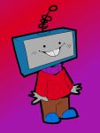  antel_(telelewdz) antennae_(anatomy) anthro blue_clothing blue_footwear blue_shoes bottomwear brown_bottomwear brown_clothing brown_pants clothed clothing eroticphobia footwear fully_clothed hi_res male not_furry pants red_clothing red_sweater red_topwear shoes solo sweater teeth television topwear 