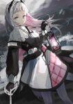  1girl arknights azuazu_0405 black_jacket breasts capelet closed_mouth cloud cloudy_sky dutch_angle grey_eyes grey_hair highres holding holding_lantern horizon irene_(arknights) jacket lantern long_hair long_sleeves looking_at_viewer multicolored_hair ocean pink_hair puffy_long_sleeves puffy_sleeves skirt sky small_breasts solo two-tone_hair very_long_hair water white_capelet white_skirt 