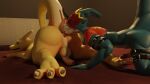  3d_(artwork) absurd_res anal anthro anus balls bandai_namco bed charizard digimon digimon_(species) digital_media_(artwork) duo flamedramon foreskin furniture genitals hi_res male male/male nintendo on_bed oral partially_retracted_foreskin penis pok&eacute;mon pok&eacute;mon_(species) retracted_foreskin rimming roxaszy98 sex video_games 