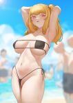  1girl 6+boys armpits arms_behind_head arms_up bangs beach bikini black_bikini blonde_hair blue_sky blurry blurry_background blush breasts breasts_apart cloud commentary_request covered_nipples cowboy_shot day groin highres horizon large_breasts lens_flare long_hair looking_at_viewer multiple_boys navel ni_(221) ocean open_mouth original outdoors red_eyes side-tie_bikini sky smile solo_focus swimsuit two_side_up water 