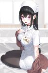  1girl bangs black_hair blush breasts choker dress hat highres kfr large_breasts long_hair looking_at_viewer nurse nurse_cap open_mouth original purple_eyes sitting smile solo sweater thighhighs white_dress 