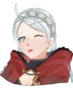  1girl absurdres ahoge bangs blue_eyes braid buttons capelet choker commission commissioner_upload fire_emblem fire_emblem_fates hairband highres hood hood_down hooded_capelet looking_at_viewer low_twintails nina_(fire_emblem) non-web_source one_eye_closed parted_bangs portrait red_hood tongue tongue_out turtleneck twin_braids twintails white_hair white_hairband yog09 
