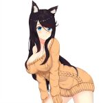  1girl animal_ear_fluff animal_ears aran_sweater azur_lane bangs bent_over black_hair blue_eyes breasts cat_ears cleavage closed_mouth cowboy_shot dress fusou_(azur_lane) highres large_breasts long_hair long_sleeves looking_at_viewer no_bra off-shoulder_sweater off_shoulder orange_sweater sa_(nax49) sidelocks simple_background smile solo sweater sweater_dress swept_bangs white_background 