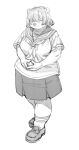  anthro aruurara blush bottomwear breasts clothed clothing digital_media_(artwork) eyes_obscured female footwear fur hair hi_res mammal monochrome school_uniform shirt shoes simple_background skirt smile socks solo topwear uniform ursid 