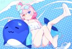  1girl ahoge aqua_jacket bangs barefoot bikini blue_archive blue_eyes breasts commentary eyewear_on_head feet frilled_bikini frills hair_bobbles hair_ornament halo heterochromia highres hoshino_(blue_archive) hoshino_(swimsuit)_(blue_archive) inflatable_toy inflatable_whale jacket long_hair looking_at_viewer low_twintails open_clothes open_jacket orange_eyes pink_hair sandals shoes signalviolet simple_background single_shoe sitting small_breasts soles solo sunglasses swimsuit symbol-only_commentary toes twintails w water white_bikini white_footwear 