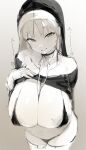  1girl bangs between_breasts bikini blush breasts commentary greyscale habit heart highres huge_breasts long_hair looking_at_viewer micro_bikini monochrome naughty_face neck_ribbon nijisanji nun ribbon sister_cleaire sketch smile solo sound_effects swimsuit symbol-only_commentary virtual_youtuber wasabi_sushi 