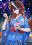  1girl absurdres alternate_costume animal_ears bangs blue_kimono blurry blurry_background breasts brown_hair closed_mouth cup earrings fire hair_ornament hand_up highres holding holding_cup holding_spoon horse_ears horse_girl horse_tail japanese_clothes jewelry kimono licking_lips long_hair long_sleeves looking_at_viewer multicolored_hair night outdoors purple_eyes shaved_ice shidare_(youh4016) single_earring sitting solo spoon symboli_rudolf_(umamusume) tail tongue tongue_out umamusume wide_sleeves yukata 