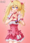  1girl anti_(untea9) blonde_hair blue_eyes blush breasts choker clock cosplay cowboy_shot crying cure_peach cure_peach_(cosplay) dress fresh_precure! gambier_bay_(kancolle) gradient gradient_background hair_between_eyes hair_ornament heart heart_hair_ornament heart_hands highres kantai_collection large_breasts magical_girl open_mouth pink_background pink_choker pink_dress pink_theme pouch precure puffy_short_sleeves puffy_sleeves short_sleeves solo sweatdrop twintails two-tone_dress wavy_mouth white_dress 