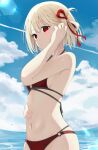  1girl absurdres adjusting_hair bikini blonde_hair blue_sky cloud cloudy_sky hair_ribbon hand_on_own_stomach highleg highleg_swimsuit highres looking_at_viewer lycoris_recoil navel nishikigi_chisato ocean pension_z pink_nails red_bikini red_eyes red_ribbon ribbon short_hair sky solo swimsuit wet 