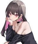  1girl bangs bare_shoulders blush breasts brown_hair cleavage collarbone highres large_breasts long_hair long_sleeves looking_at_viewer red_eyes simple_background solo spider_apple white_background 
